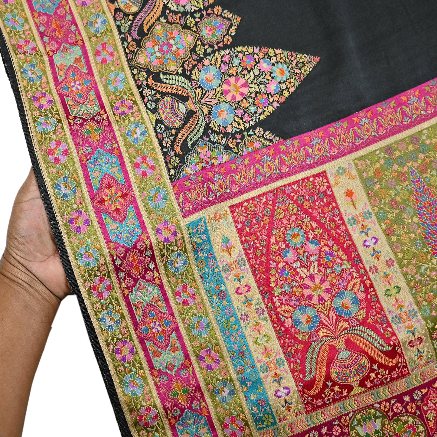 Indian Antique Vintage Heavy Wedding Sari Black Blend Satin Silk Hand Woven Banarasi brocade Sarees Zari 5Yd with blouse