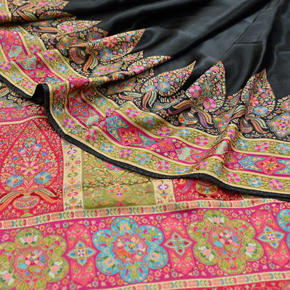 Indian Antique Vintage Heavy Wedding Sari Black Blend Satin Silk Hand Woven Banarasi brocade Sarees Zari 5Yd with blouse