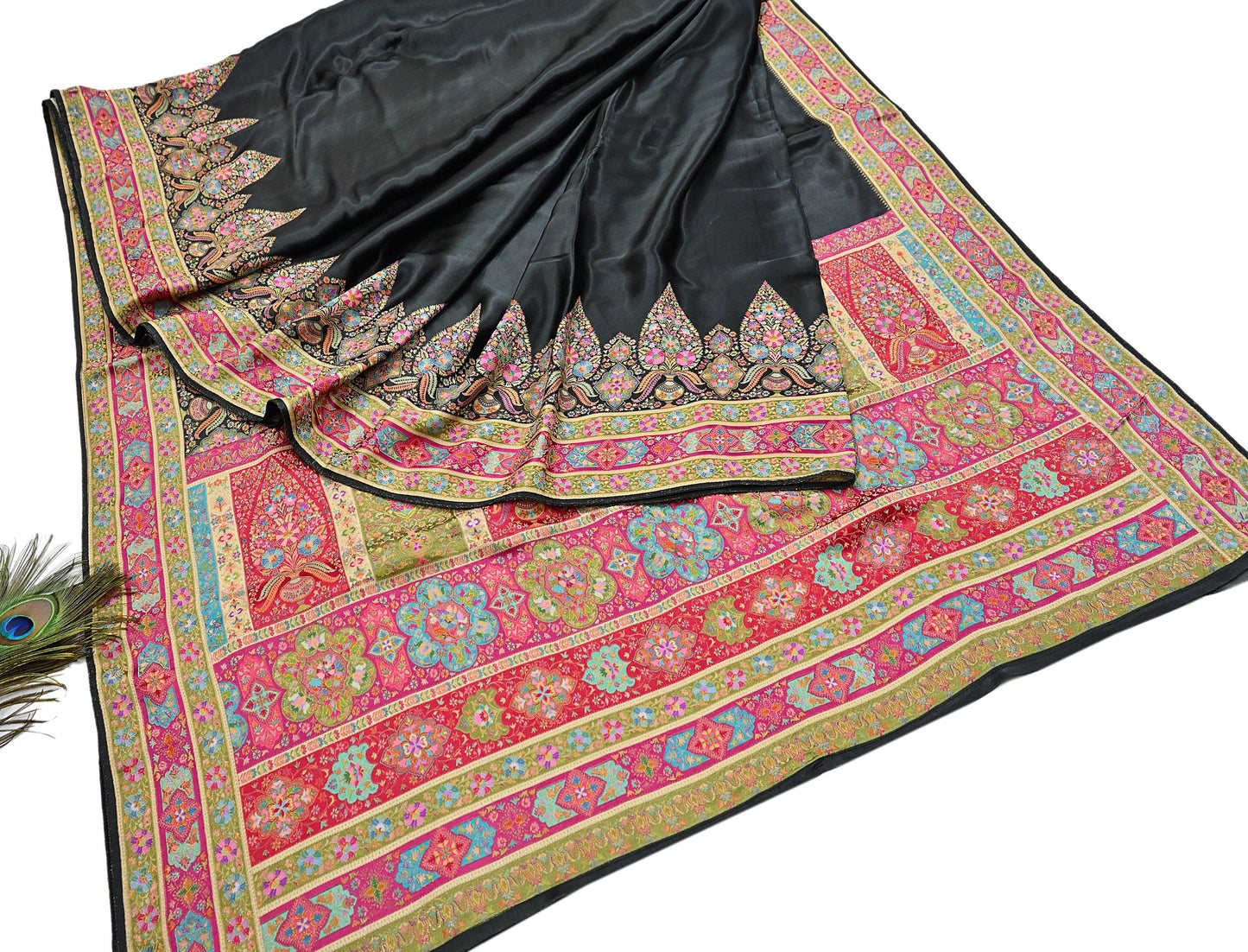 Indian Antique Vintage Heavy Wedding Sari Black Blend Satin Silk Hand Woven Banarasi brocade Sarees Zari 5Yd with blouse