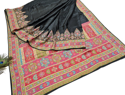 Indian Antique Vintage Heavy Wedding Sari Black Blend Satin Silk Hand Woven Banarasi brocade Sarees Zari 5Yd with blouse