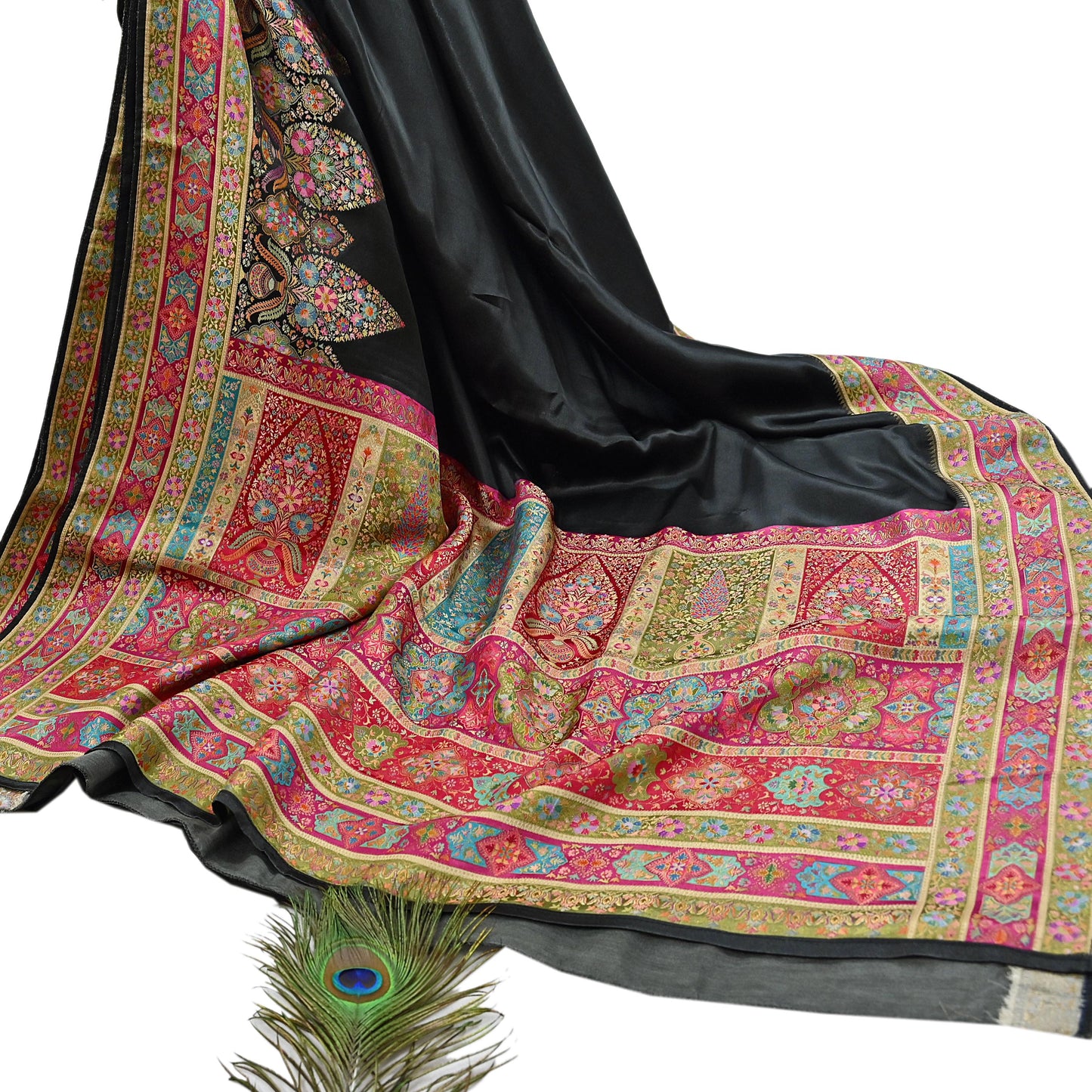Indian Antique Vintage Heavy Wedding Sari Black Blend Satin Silk Hand Woven Banarasi brocade Sarees Zari 5Yd with blouse