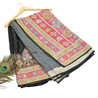 Indian Antique Vintage Heavy Wedding Sari Black Blend Satin Silk Hand Woven Banarasi brocade Sarees Zari 5Yd with blouse