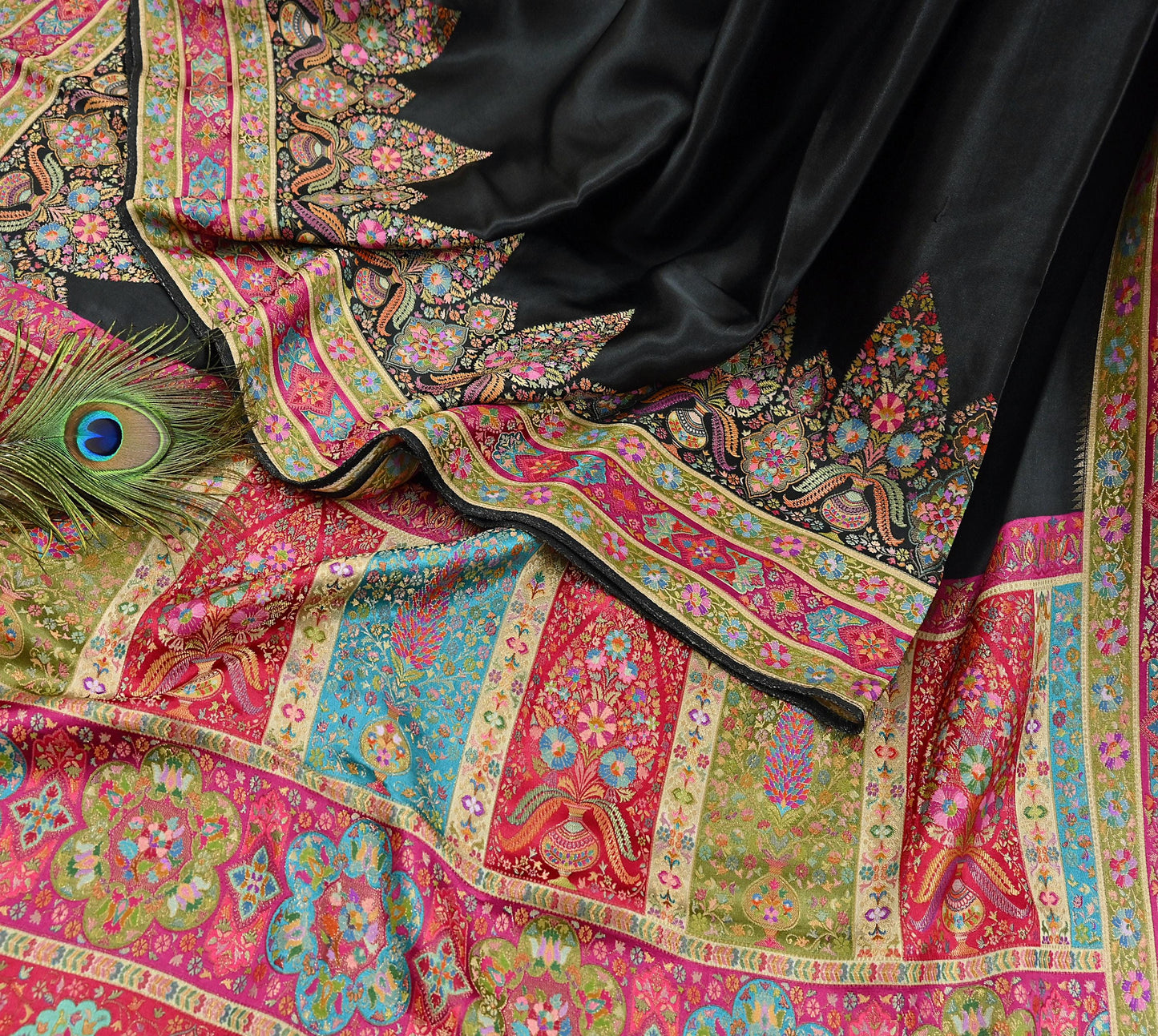 Indian Antique Vintage Heavy Wedding Sari Black Blend Satin Silk Hand Woven Banarasi brocade Sarees Zari 5Yd with blouse