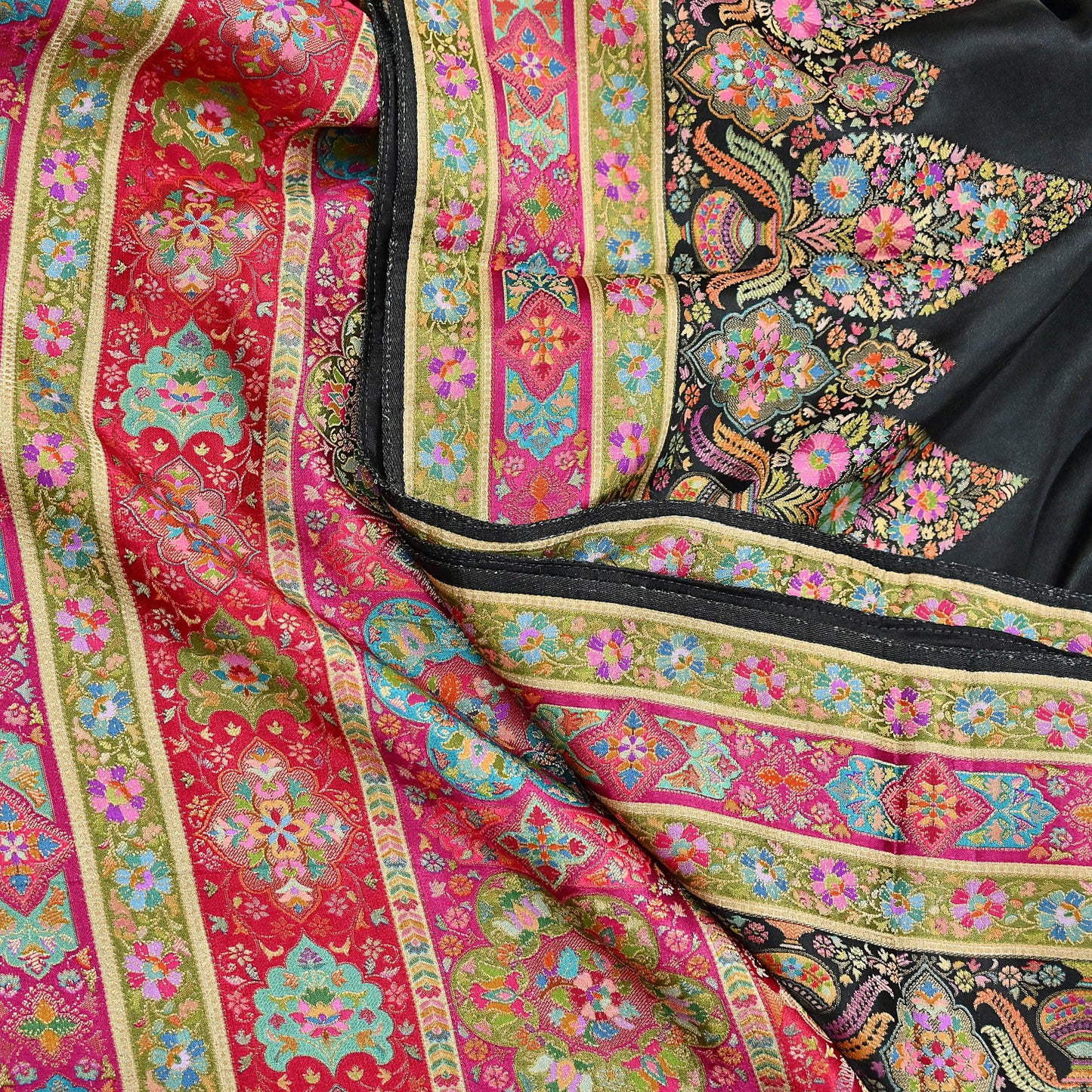 Indian Antique Vintage Heavy Wedding Sari Black Blend Satin Silk Hand Woven Banarasi brocade Sarees Zari 5Yd with blouse