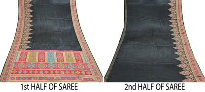 Indian Antique Vintage Heavy Wedding Sari Black Blend Satin Silk Hand Woven Banarasi brocade Sarees Zari 5Yd with blouse