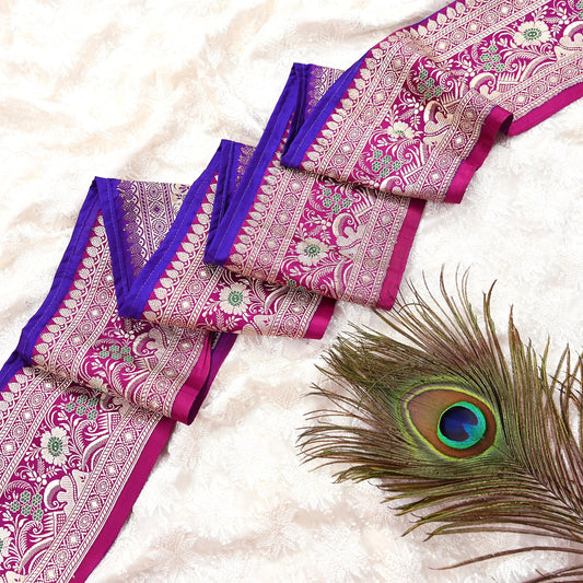 Vintage Banarasi Silk Border Trim 1 Yard Pink Purple Zari Floral Ribbon Recycled Saree Lace for Sewing, Dressmaking Christmas Decor