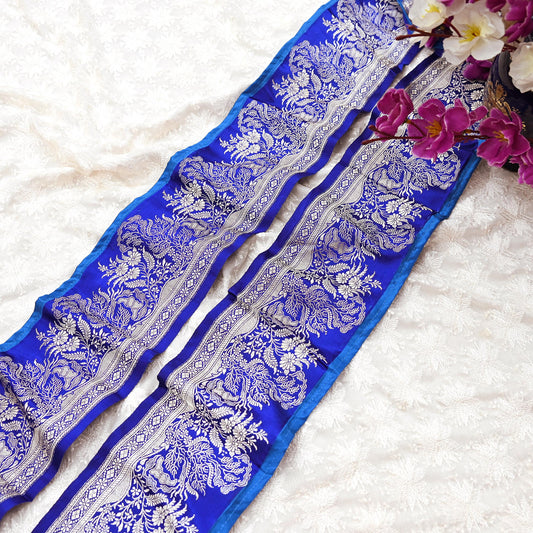 Vintage Banarasi Silk Border Trim 1 Yard Royal Blue Silver Zari Ribbon Recycled Saree Fabric Lace for Sewing, Dressmaking Christmas Decor