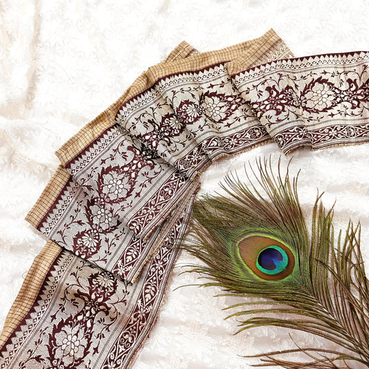 Vintage Banarasi Silk Border Trim 1 Yard Beige Maroon Zari Floral Ribbon Recycled Saree Lace for Sewing, Dressmaking & Christmas Decor