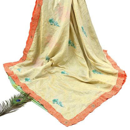 Indian Pre-owned Heavy Sari Golden & Sage Green Pure Silk Hand Embroidered Sarees Designer Abu Jani 5Yd Sewing Ethnic Sarees