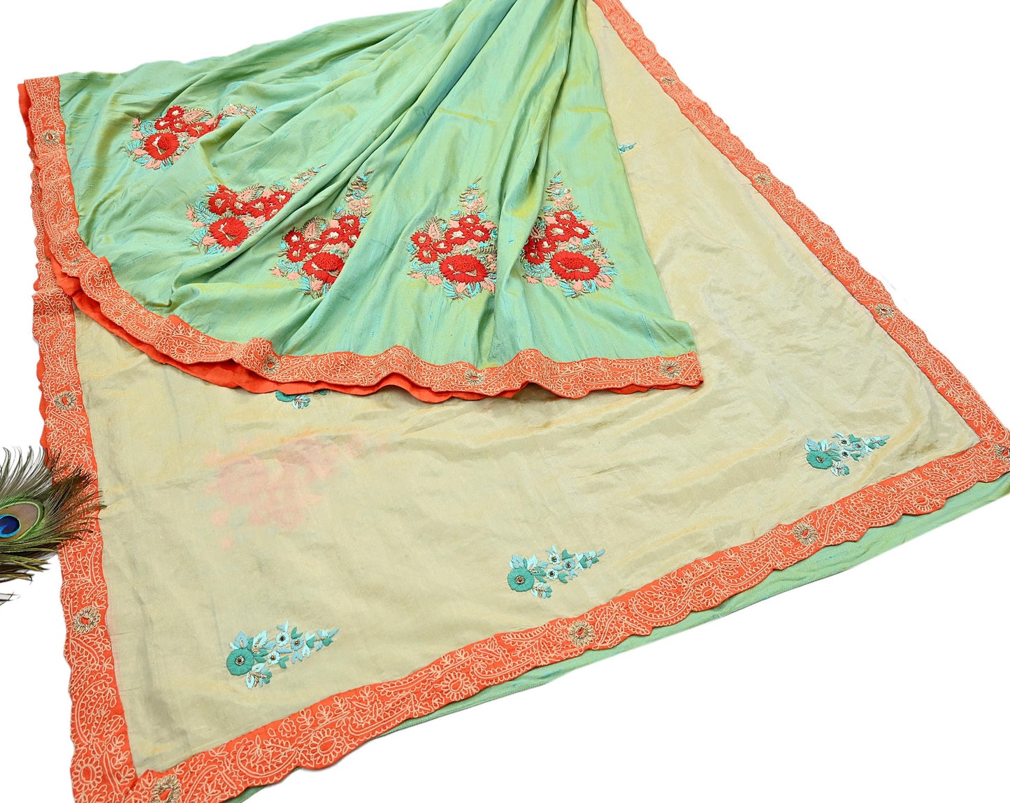 Indian Pre-owned Heavy Sari Golden & Sage Green Pure Silk Hand Embroidered Sarees Designer Abu Jani 5Yd Sewing Ethnic Sarees