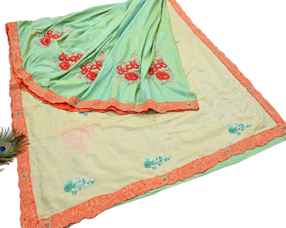 Indian Pre-owned Heavy Sari Golden & Sage Green Pure Silk Hand Embroidered Sarees Designer Abu Jani 5Yd Sewing Ethnic Sarees