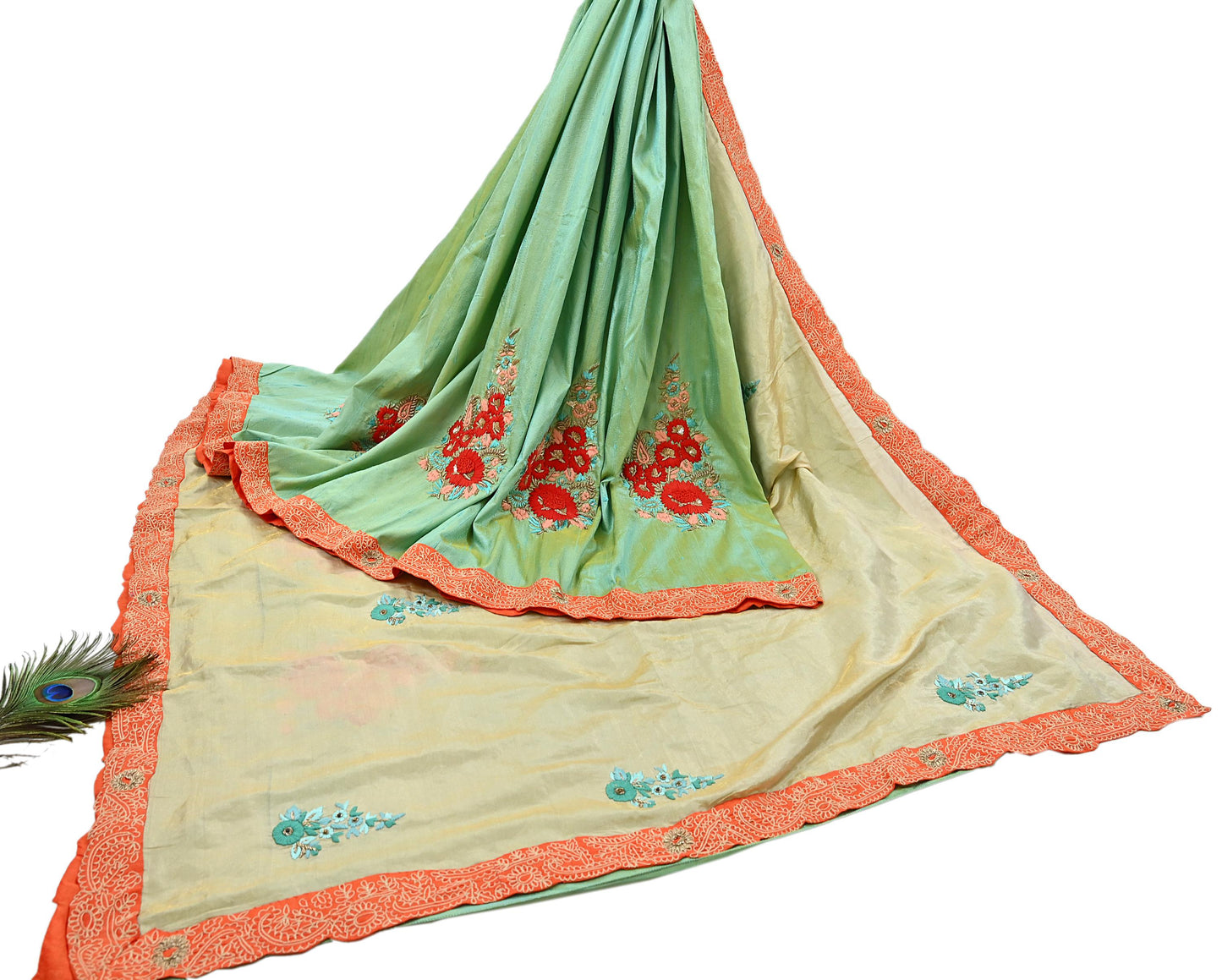 Indian Pre-owned Heavy Sari Golden & Sage Green Pure Silk Hand Embroidered Sarees Designer Abu Jani 5Yd Sewing Ethnic Sarees