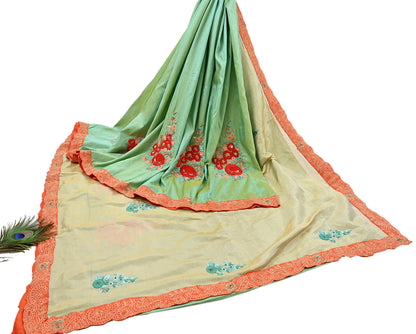 Indian Pre-owned Heavy Sari Golden & Sage Green Pure Silk Hand Embroidered Sarees Designer Abu Jani 5Yd Sewing Ethnic Sarees