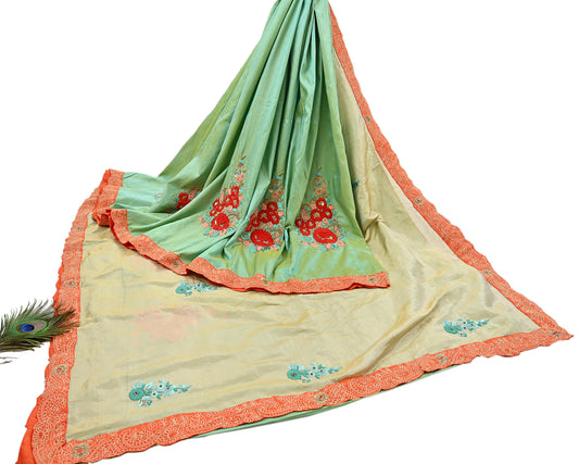 Indian Pre-owned Heavy Sari Golden & Sage Green Pure Silk Hand Embroidered Sarees Designer Abu Jani 5Yd Sewing Ethnic Sarees