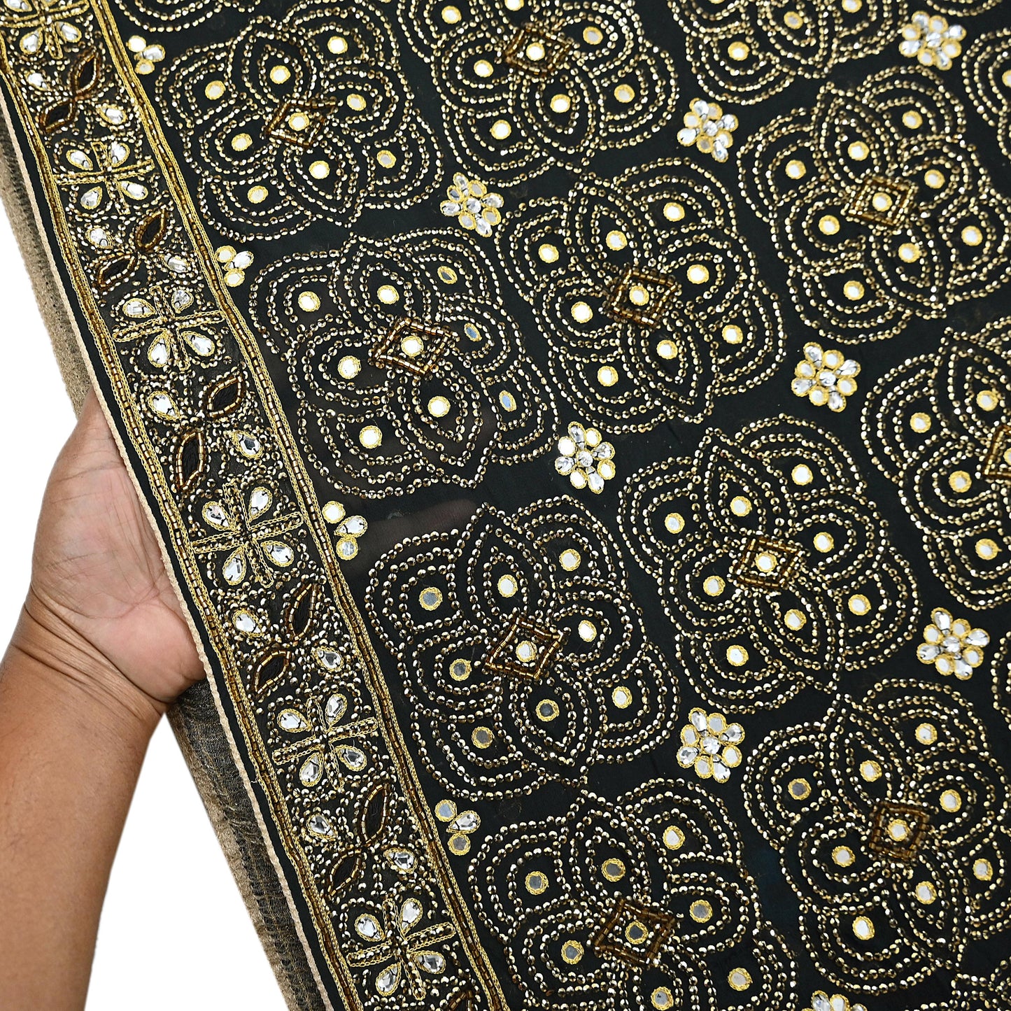 Indian Vintage Heavy Sari Black Pure Georgette Silk Hand Beaded Sarees Craft Fabric 5Yd Soft Ethnic Wedding Sarees