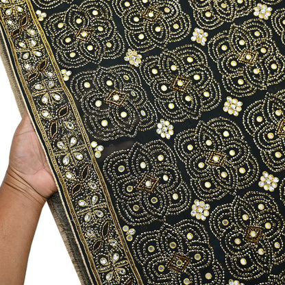 Indian Vintage Heavy Sari Black Pure Georgette Silk Hand Beaded Sarees Craft Fabric 5Yd Soft Ethnic Wedding Sarees