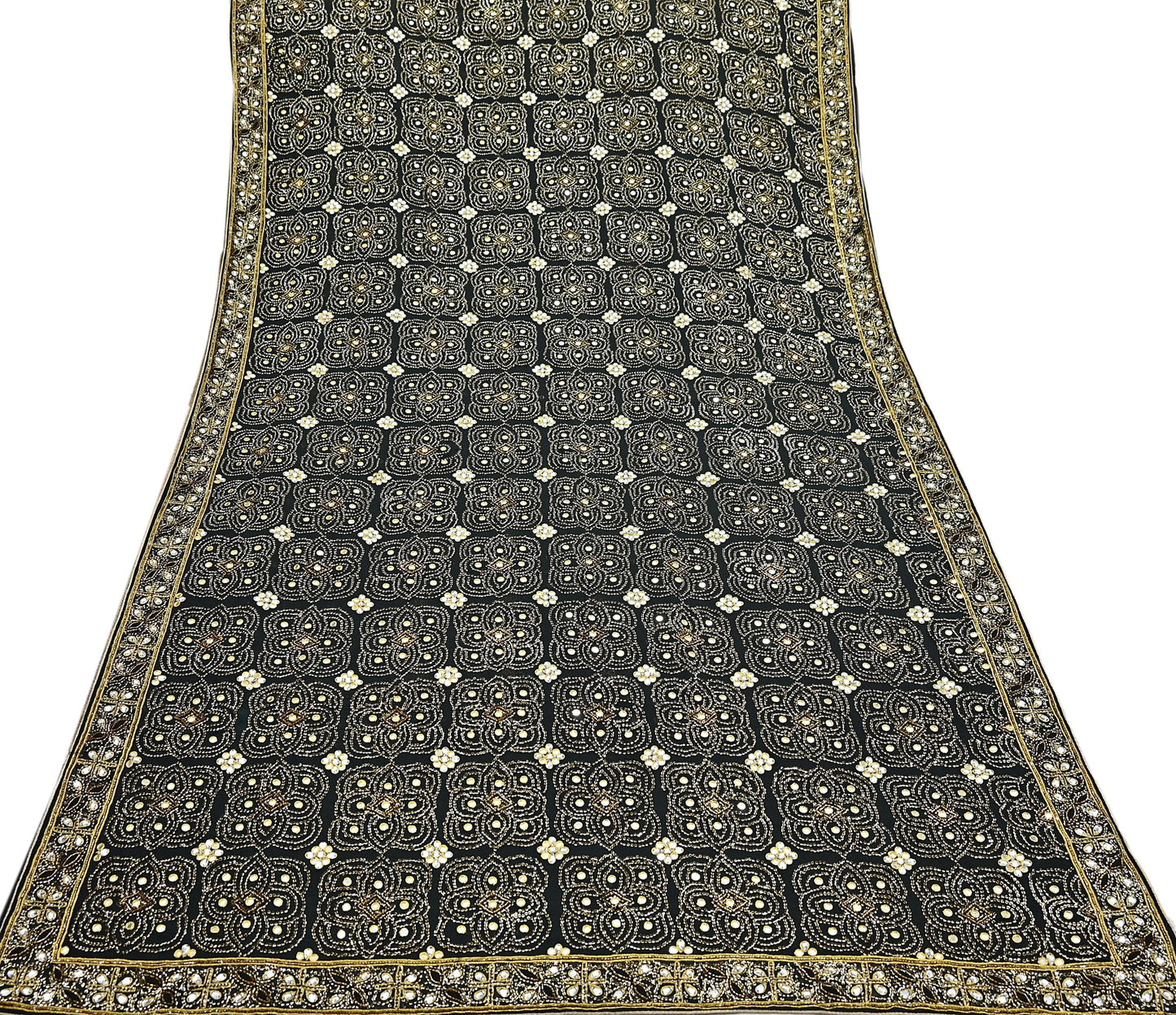 Indian Vintage Heavy Sari Black Pure Georgette Silk Hand Beaded Sarees Craft Fabric 5Yd Soft Ethnic Wedding Sarees