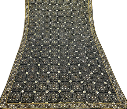 Indian Vintage Heavy Sari Black Pure Georgette Silk Hand Beaded Sarees Craft Fabric 5Yd Soft Ethnic Wedding Sarees