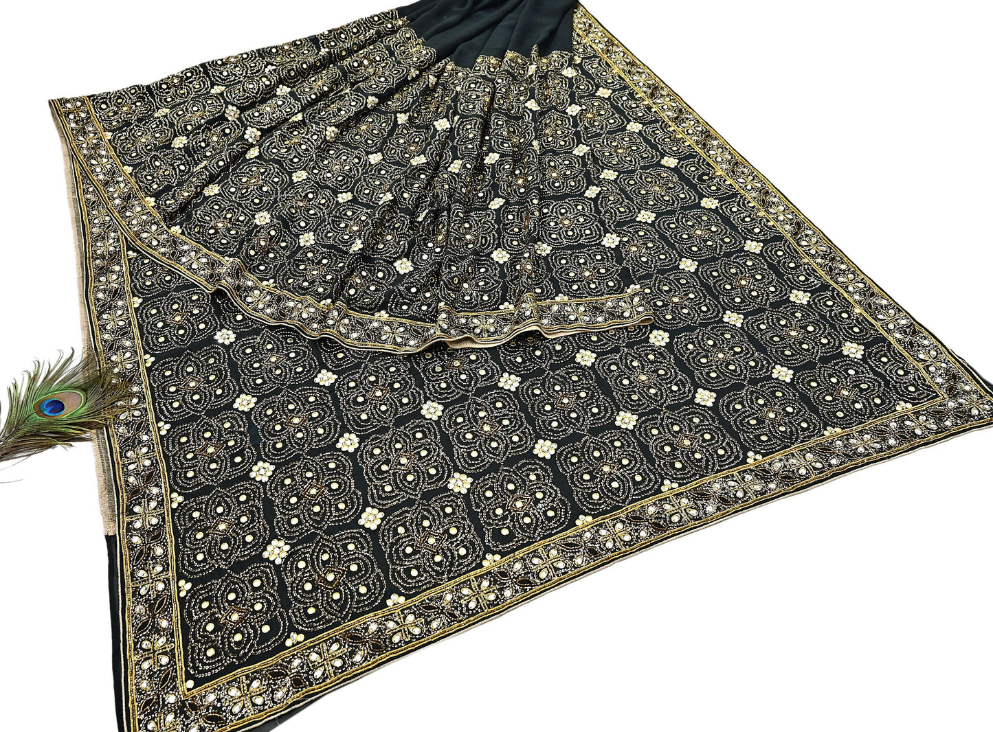 Indian Vintage Heavy Sari Black Pure Georgette Silk Hand Beaded Sarees Craft Fabric 5Yd Soft Ethnic Wedding Sarees
