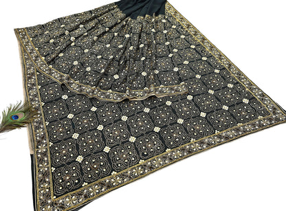 Indian Vintage Heavy Sari Black Pure Georgette Silk Hand Beaded Sarees Craft Fabric 5Yd Soft Ethnic Wedding Sarees