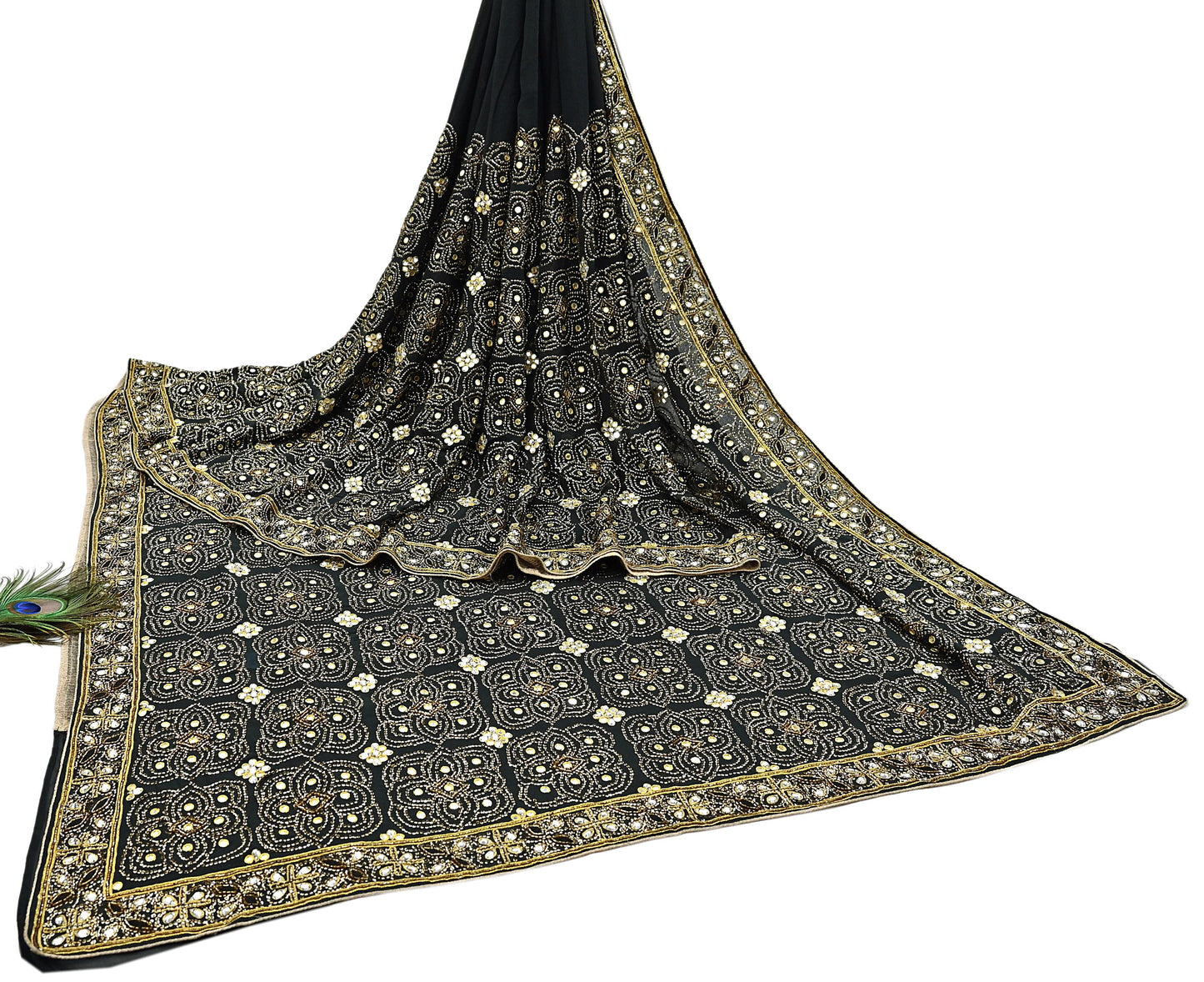 Indian Vintage Heavy Sari Black Pure Georgette Silk Hand Beaded Sarees Craft Fabric 5Yd Soft Ethnic Wedding Sarees