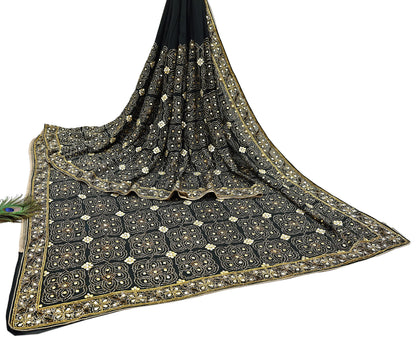Indian Vintage Heavy Sari Black Pure Georgette Silk Hand Beaded Sarees Craft Fabric 5Yd Soft Ethnic Wedding Sarees