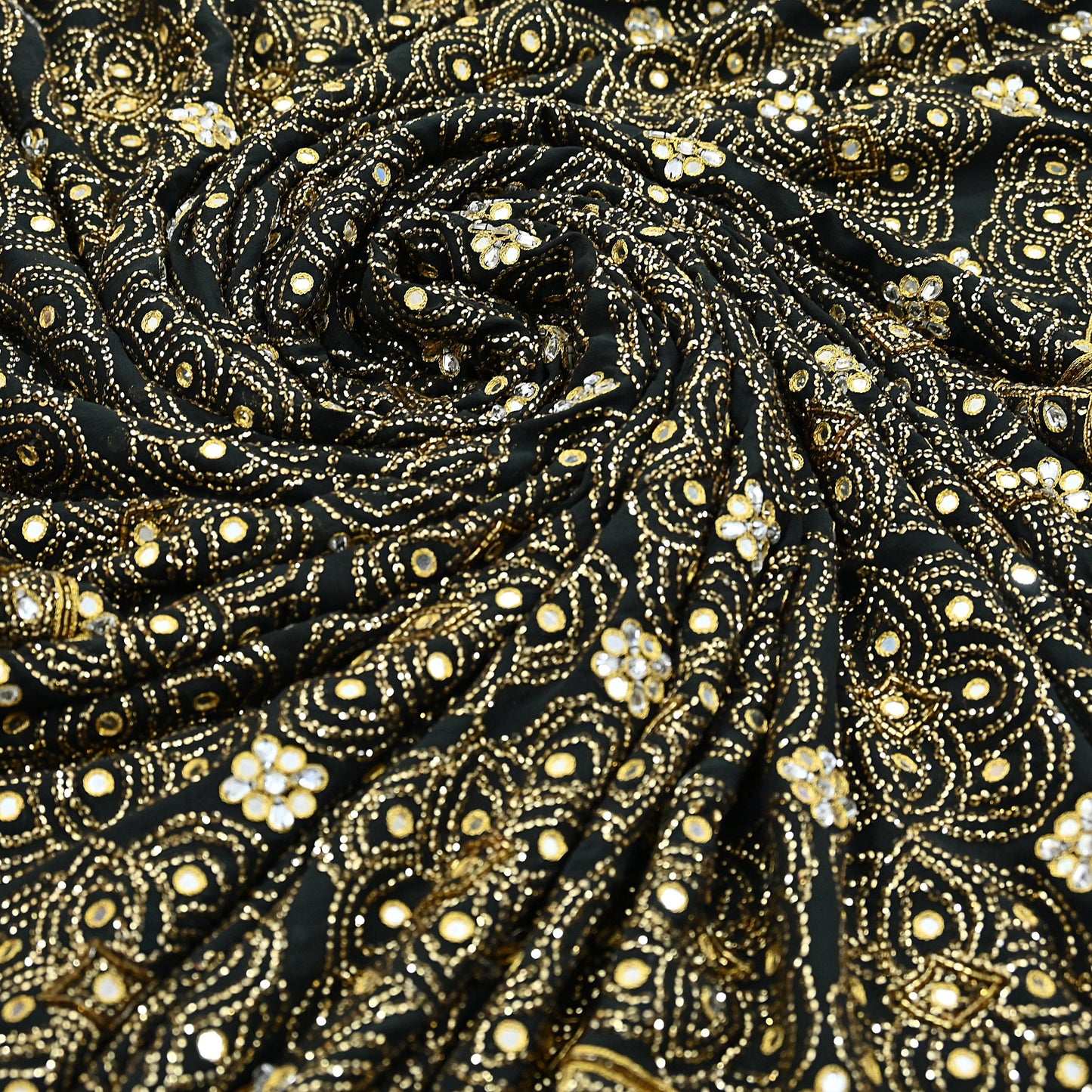 Indian Vintage Heavy Sari Black Pure Georgette Silk Hand Beaded Sarees Craft Fabric 5Yd Soft Ethnic Wedding Sarees