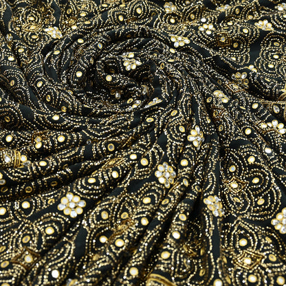 Indian Vintage Heavy Sari Black Pure Georgette Silk Hand Beaded Sarees Craft Fabric 5Yd Soft Ethnic Wedding Sarees