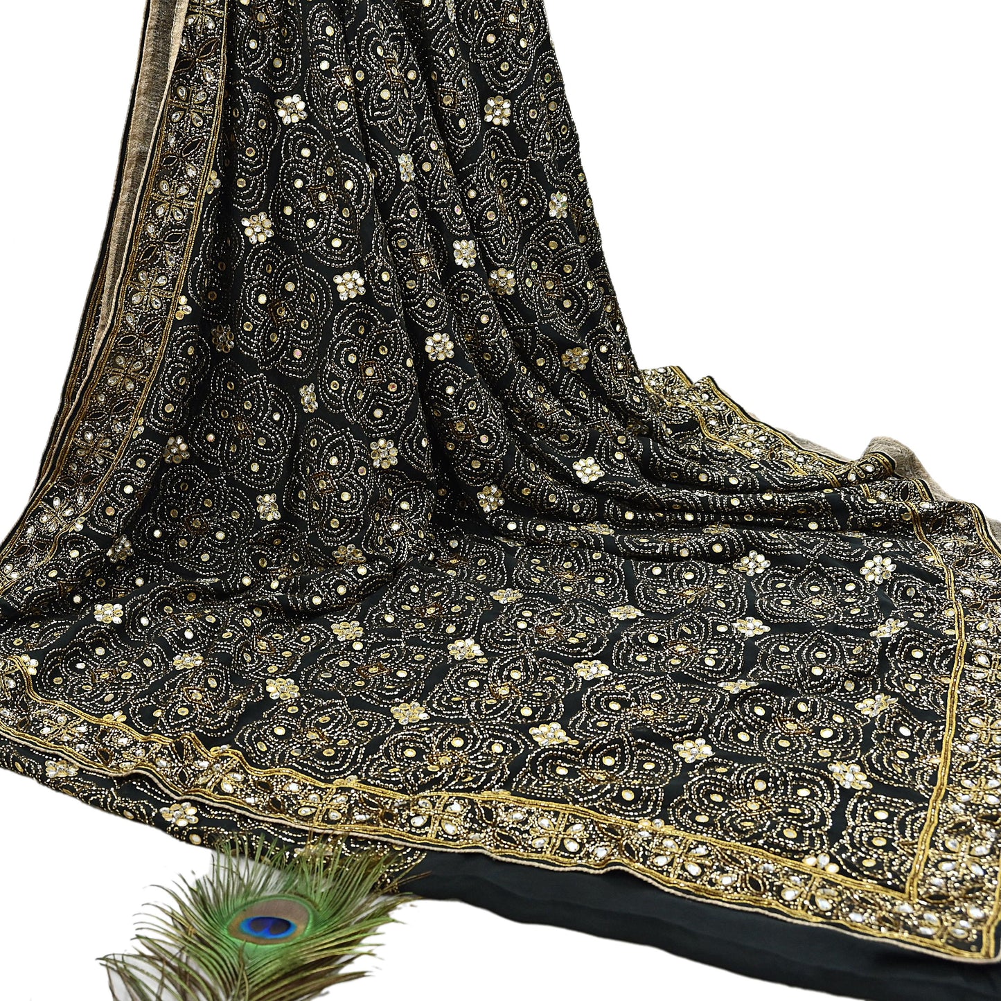 Indian Vintage Heavy Sari Black Pure Georgette Silk Hand Beaded Sarees Craft Fabric 5Yd Soft Ethnic Wedding Sarees