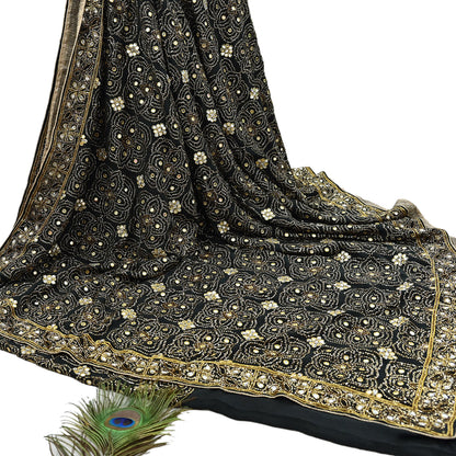 Indian Vintage Heavy Sari Black Pure Georgette Silk Hand Beaded Sarees Craft Fabric 5Yd Soft Ethnic Wedding Sarees
