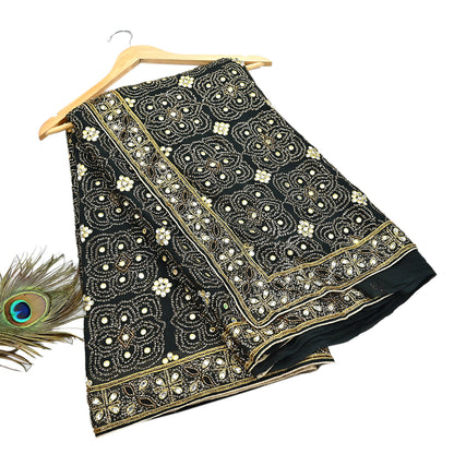 Indian Vintage Heavy Sari Black Pure Georgette Silk Hand Beaded Sarees Craft Fabric 5Yd Soft Ethnic Wedding Sarees