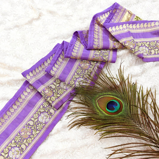 Vintage Banarasi Silk Border Trim 1 Yard Purple Gold Zari Floral Ribbon Recycled Saree Lace for Sewing, Dressmaking & Christmas Crafts
