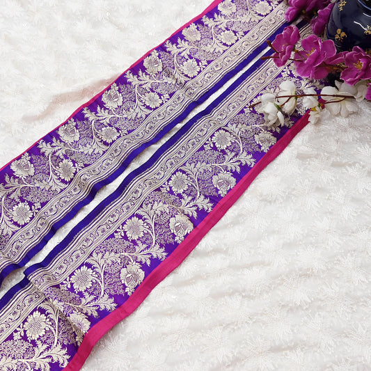Vintage Banarasi Silk Border Trim 1 Yard Purple Silver Zari Floral Ribbon Recycled Saree Lace for Sewing, Dressmaking & Christmas Decor