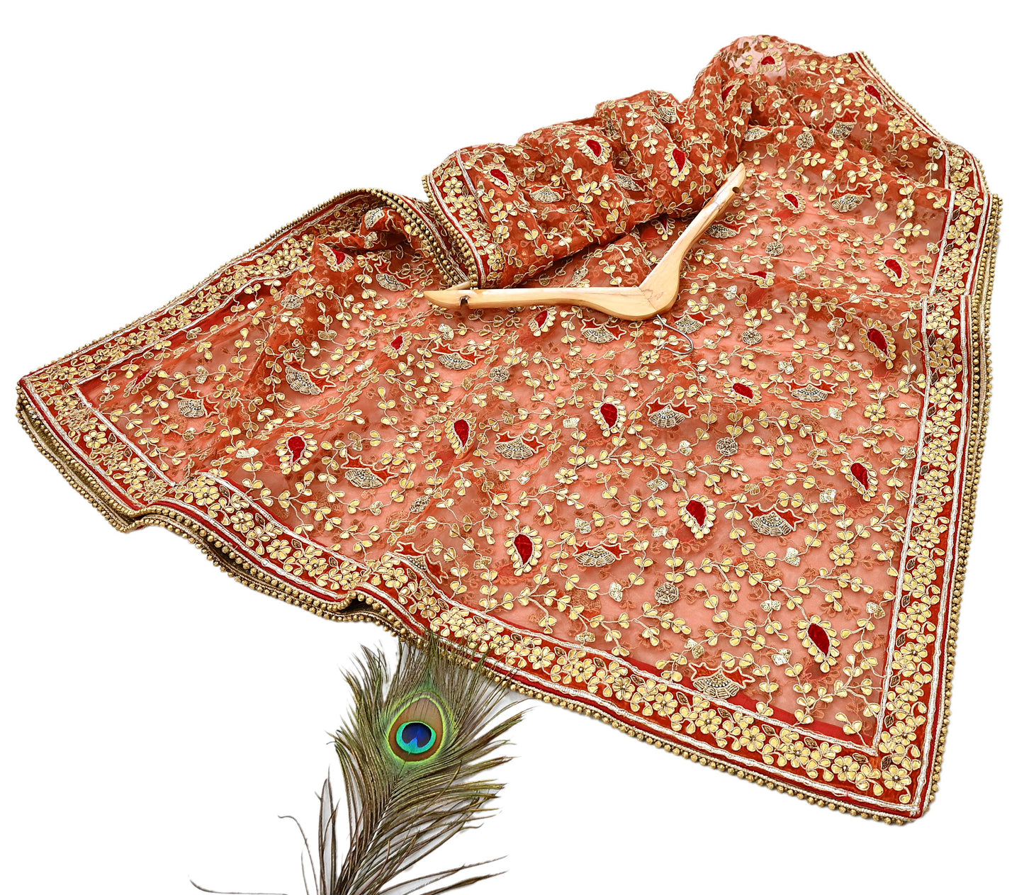 Indian Pre-owned Heavy Dupatta Orange Net Long Stole Hand Embroidered By Designer Abu Jani Scarves Bridal Veil
