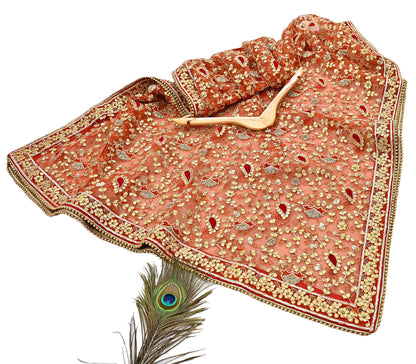 Indian Pre-owned Heavy Dupatta Orange Net Long Stole Hand Embroidered By Designer Abu Jani Scarves Bridal Veil