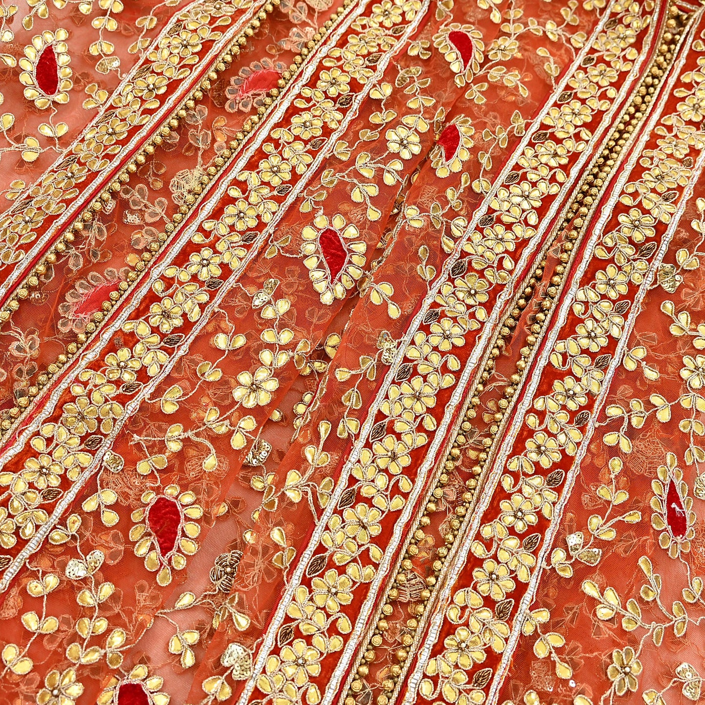 Indian Pre-owned Heavy Dupatta Orange Net Long Stole Hand Embroidered By Designer Abu Jani Scarves Bridal Veil