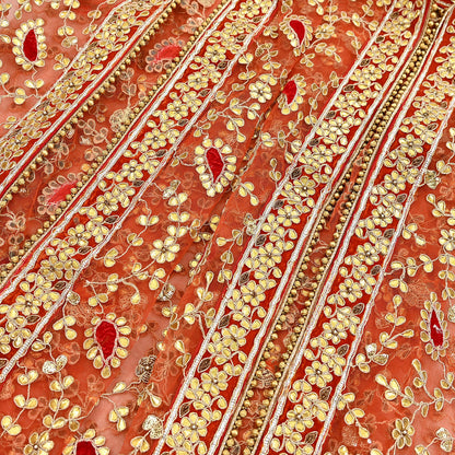 Indian Pre-owned Heavy Dupatta Orange Net Long Stole Hand Embroidered By Designer Abu Jani Scarves Bridal Veil