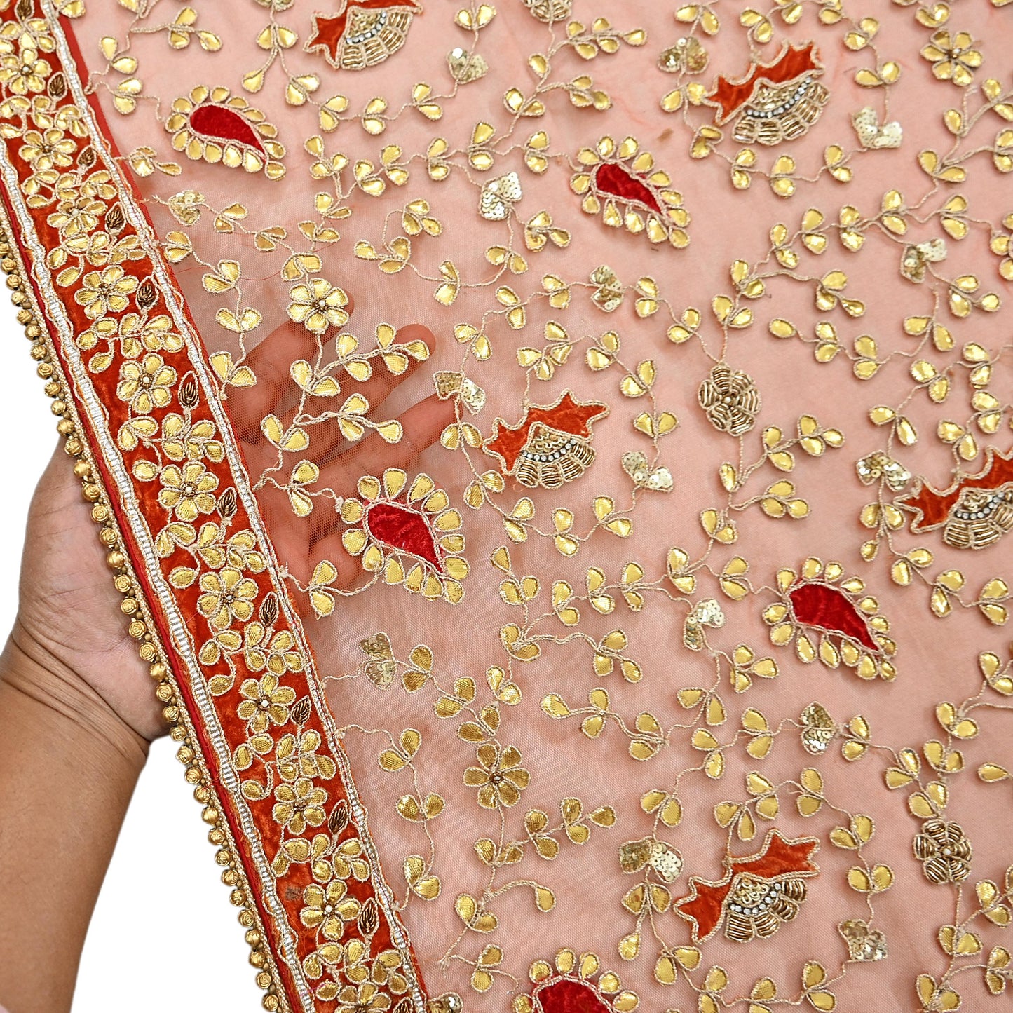 Indian Pre-owned Heavy Dupatta Orange Net Long Stole Hand Embroidered By Designer Abu Jani Scarves Bridal Veil
