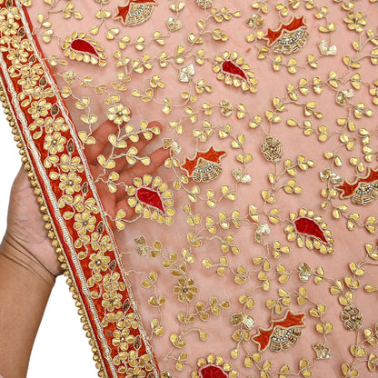 Indian Pre-owned Heavy Dupatta Orange Net Long Stole Hand Embroidered By Designer Abu Jani Scarves Bridal Veil