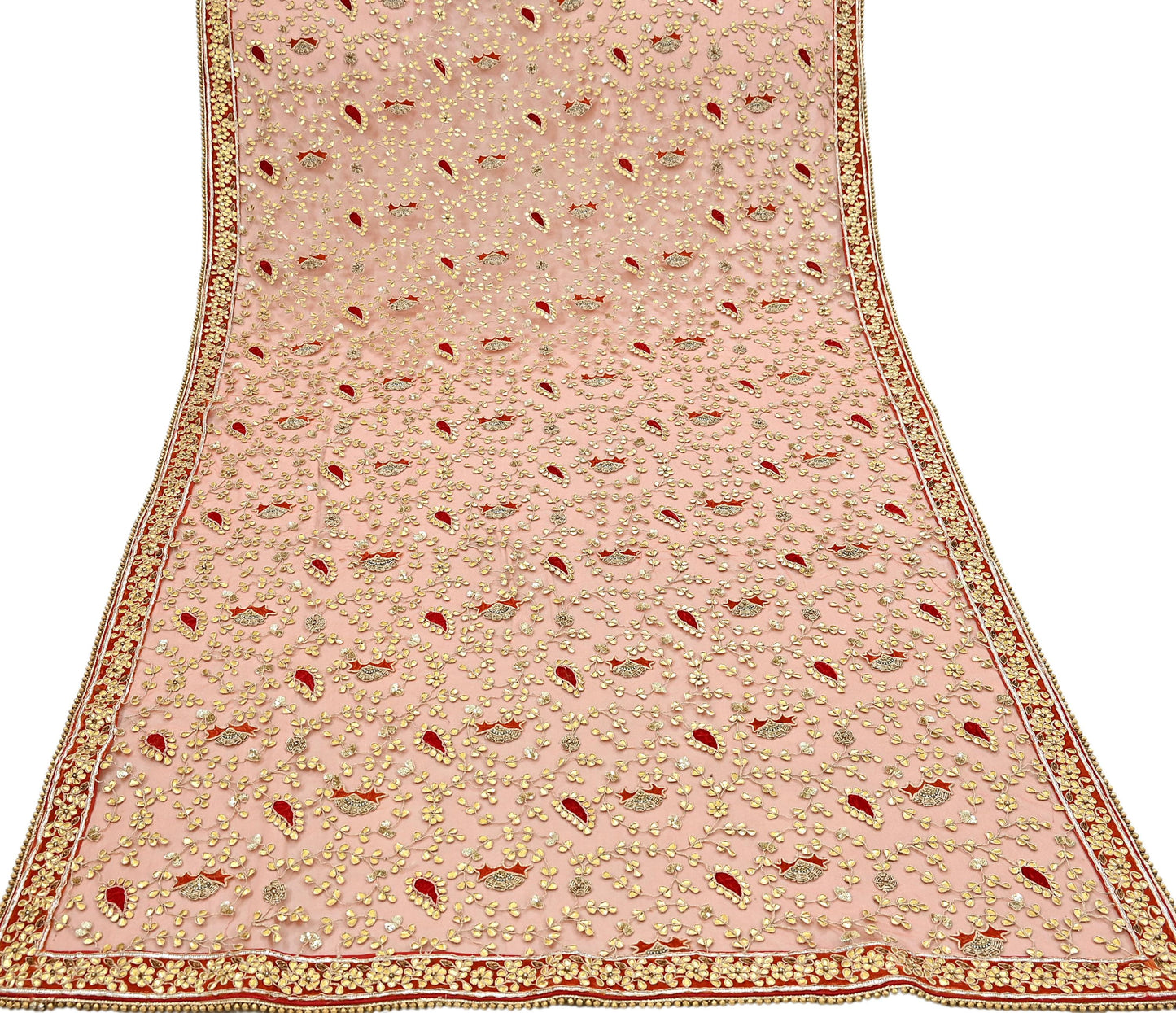 Indian Pre-owned Heavy Dupatta Orange Net Long Stole Hand Embroidered By Designer Abu Jani Scarves Bridal Veil