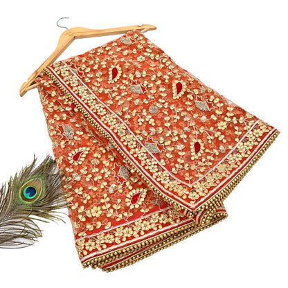 Indian Pre-owned Heavy Dupatta Orange Net Long Stole Hand Embroidered By Designer Abu Jani Scarves Bridal Veil