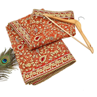 Indian Pre-owned Heavy Dupatta Orange Net Long Stole Hand Embroidered By Designer Abu Jani Scarves Bridal Veil