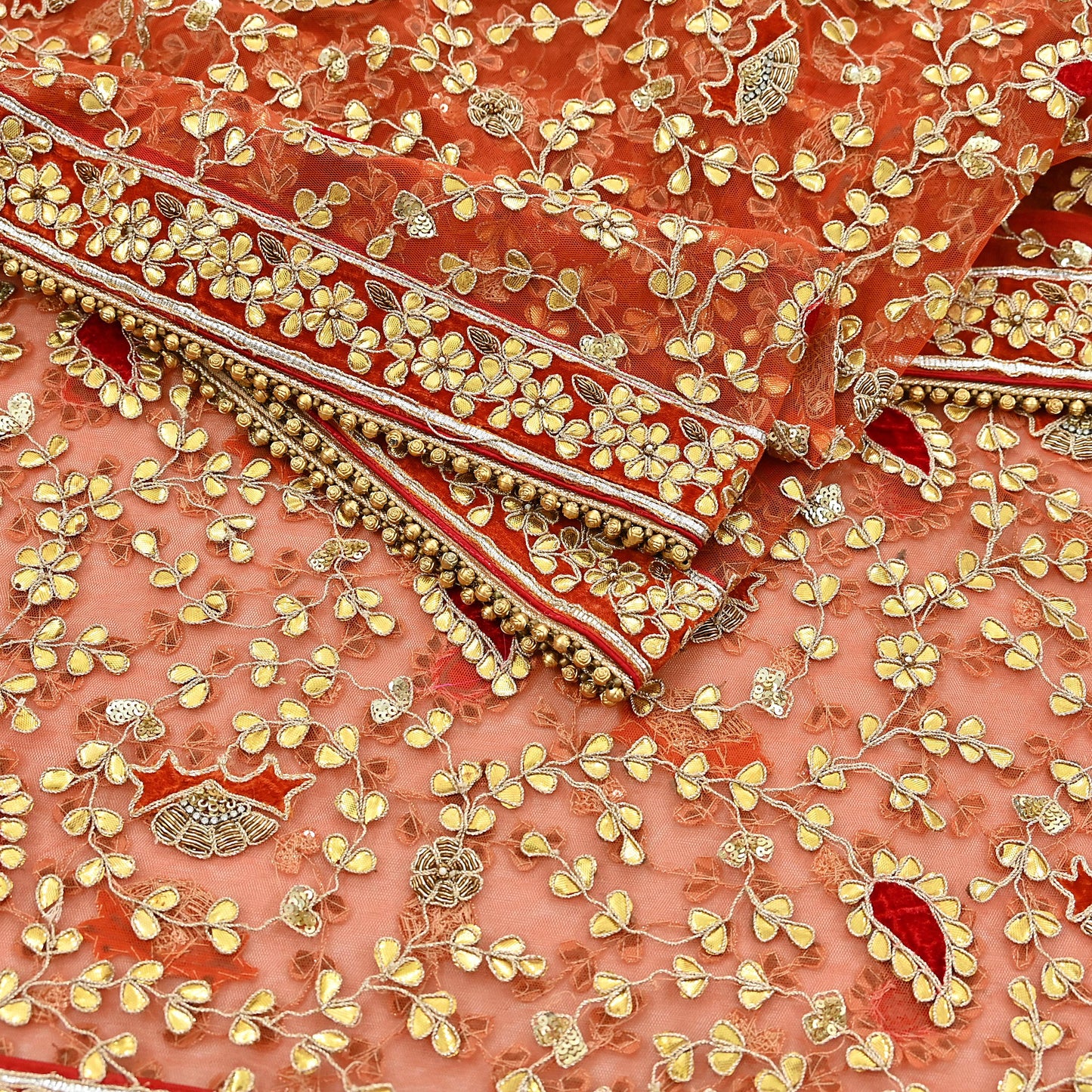 Indian Pre-owned Heavy Dupatta Orange Net Long Stole Hand Embroidered By Designer Abu Jani Scarves Bridal Veil