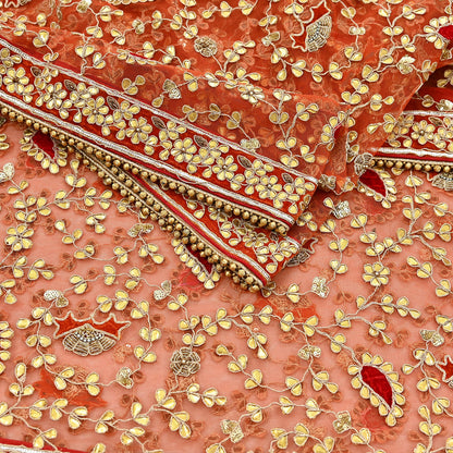 Indian Pre-owned Heavy Dupatta Orange Net Long Stole Hand Embroidered By Designer Abu Jani Scarves Bridal Veil