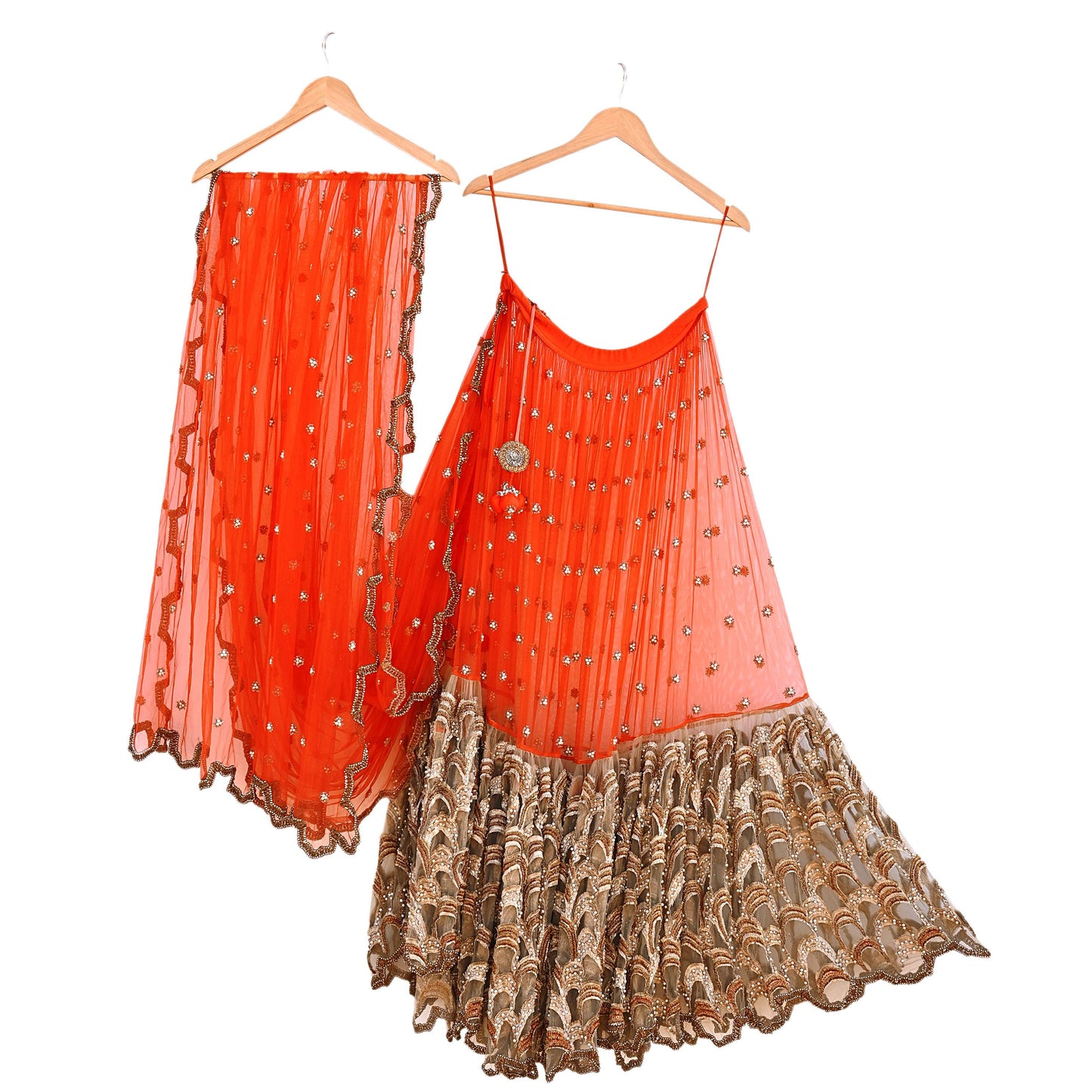 Indian Sari Heavy Green & Orange Net/Mesh Hand Embroidered Lehenga/Skirt Designer Nandita Thirani Sarees Ethnic Wedding/Bridal Sarees