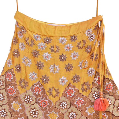 Party wear Heavy mustard yellow Raw Silk Hand Embroidered Lehenga Skirt by Designer Tarun Tahiliani Bridal Wear Indian Couture Fashion