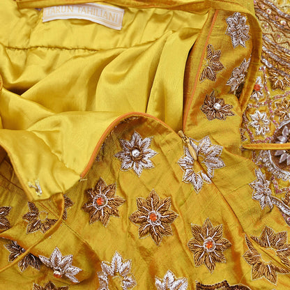 Party wear Heavy mustard yellow Raw Silk Hand Embroidered Lehenga Skirt by Designer Tarun Tahiliani Bridal Wear Indian Couture Fashion