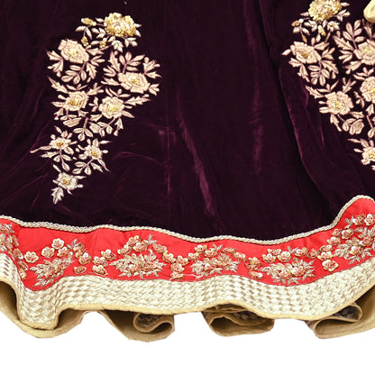 Manish Malhotra Purple Velvet Lehenga Skirt Heavy Zardozi Dabka Embroidery Indian Bridal Wear, Designer Couture Wedding Outfit