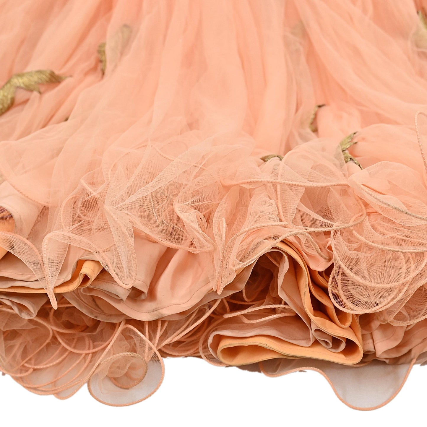 Indian Vintage Peach Net Hand Embroidered Skirt Party Wear Bollywood Lehenga Zari Birds design