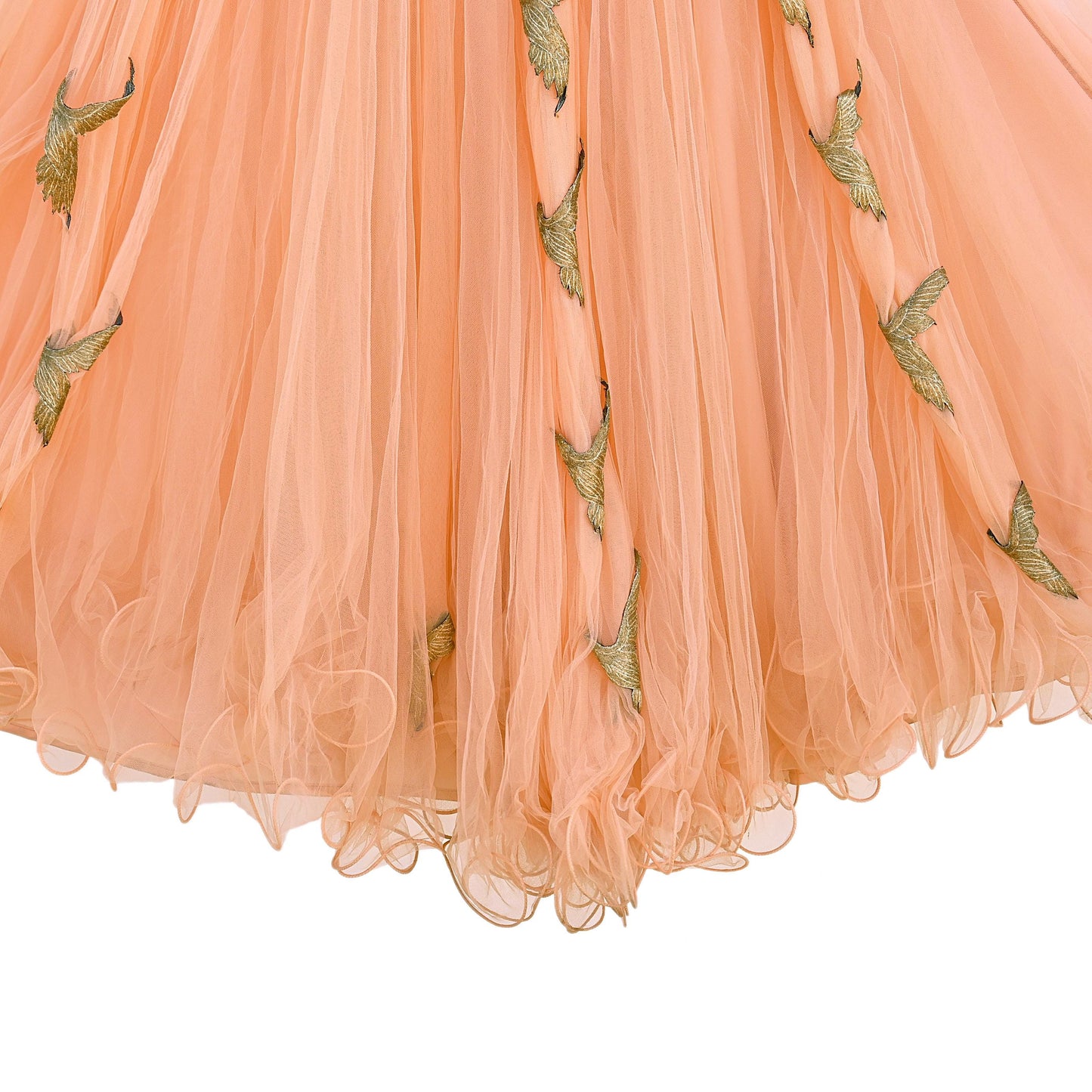 Indian Vintage Peach Net Hand Embroidered Skirt Party Wear Bollywood Lehenga Zari Birds design